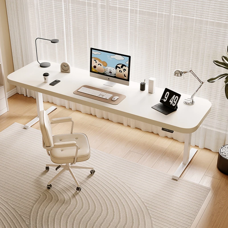 white hand cranked computer , manual office desk, study , cream air , adjustable for lifting