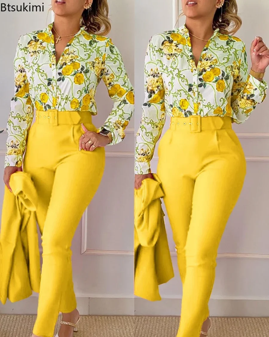 

2024 Women Summer Floral Print Shirt & High Waist Pants Work Suit Sets Female V-Neck Long Sleeve Top 2 Pieces Suit Sets Elegant