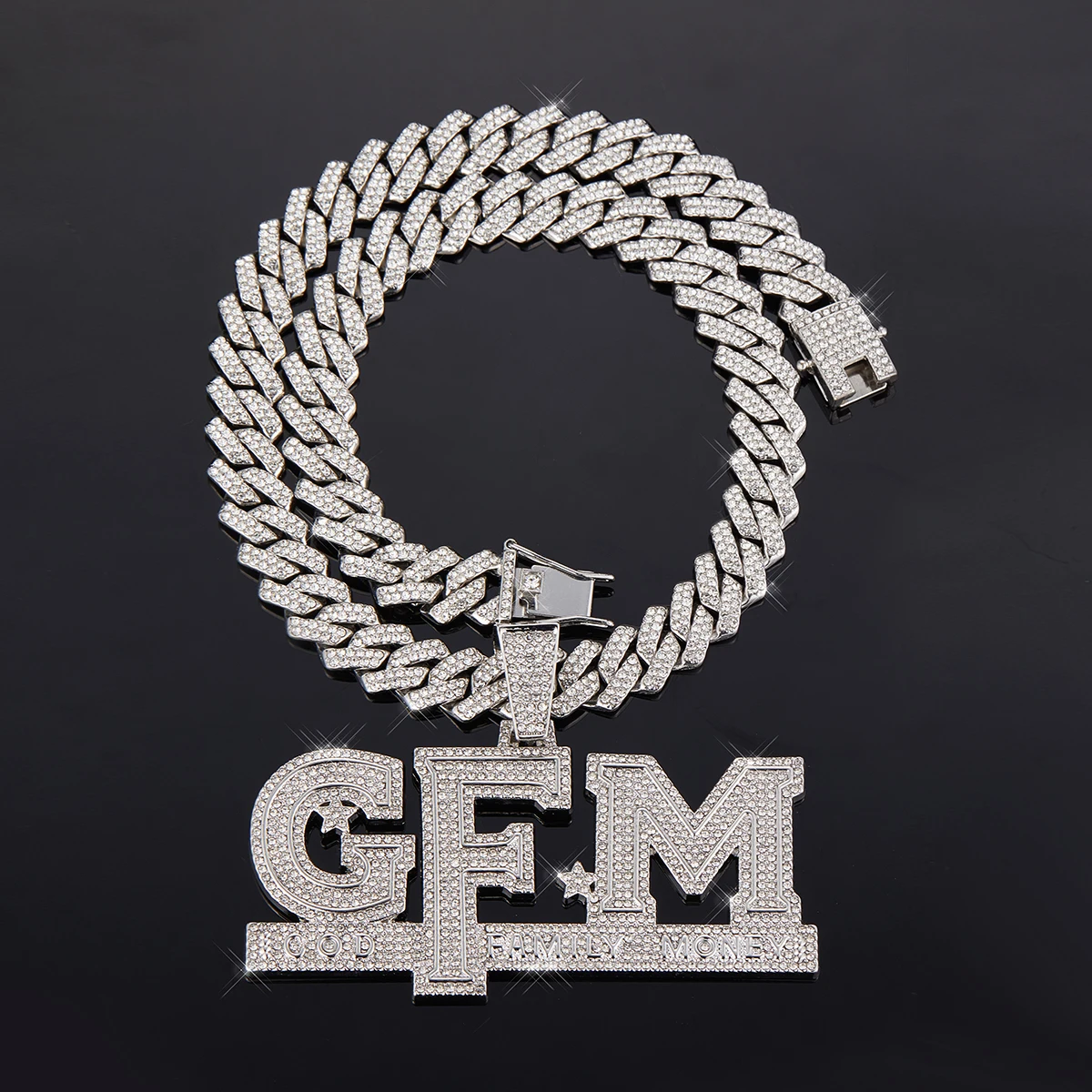 Men Women Hip Hop GFM Letter Pendant Necklace Iced out Chain with Pendant for Men and Women Gifts