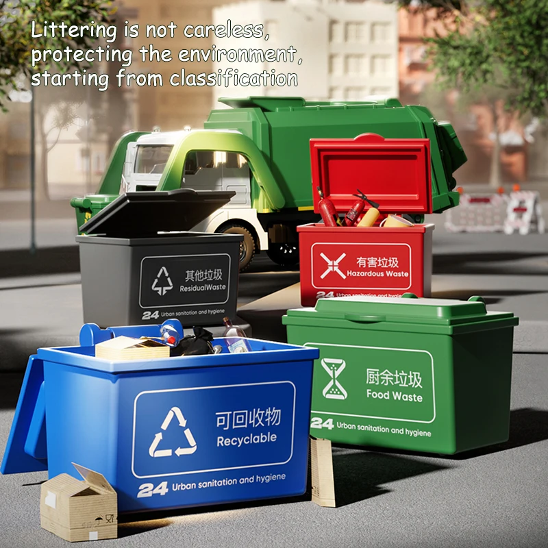 Front Loader Recycling Toy Garbage Trucks Garbage Car Toys for Boys Pull Back Inertial Garbage Vehicle with 4 Trash Cans