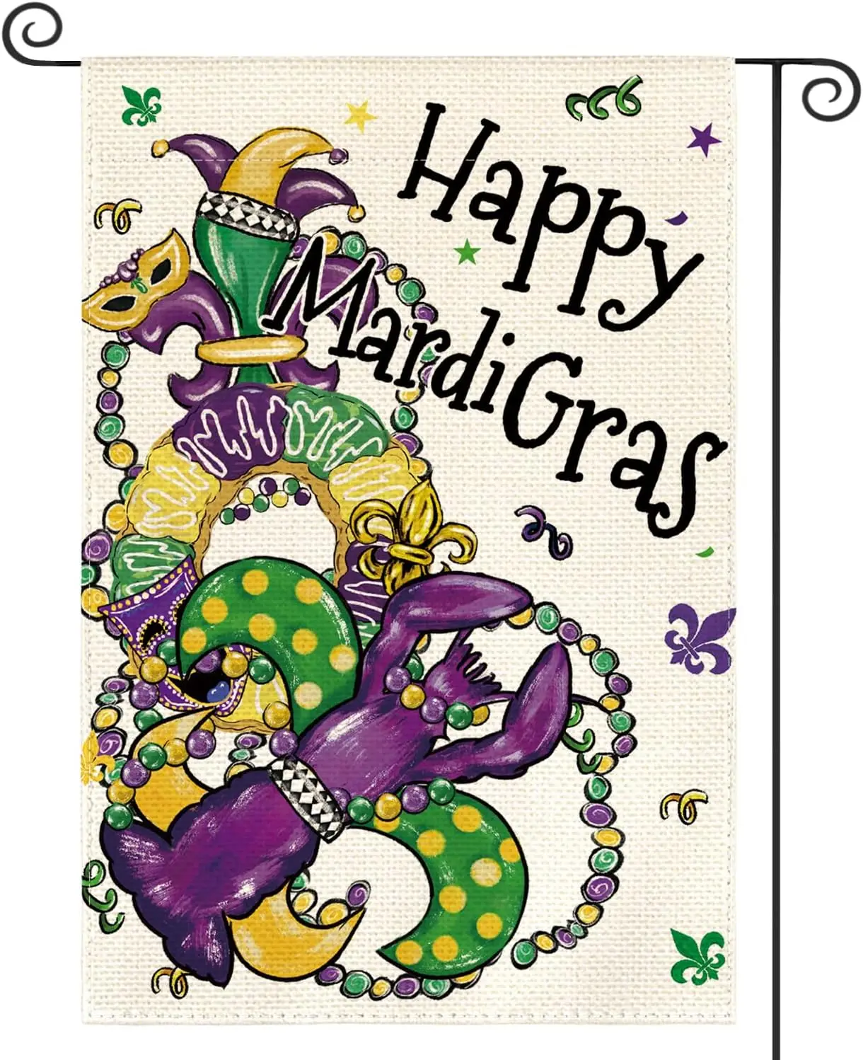 AVOIN colorlife Happy Mardi Gras Garden Flag 12x18 Inch Double Sided Outside, Crawfish Donut Fleur de Lis Beads Mask Carniva XXP