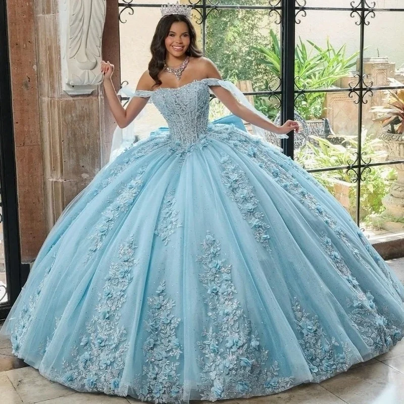 

Sky Blue Quinceanera Dresses Ball Gown Off The Shoulder Appliques Floral Beaded Sweet 16 Dresses 15 Años Customized
