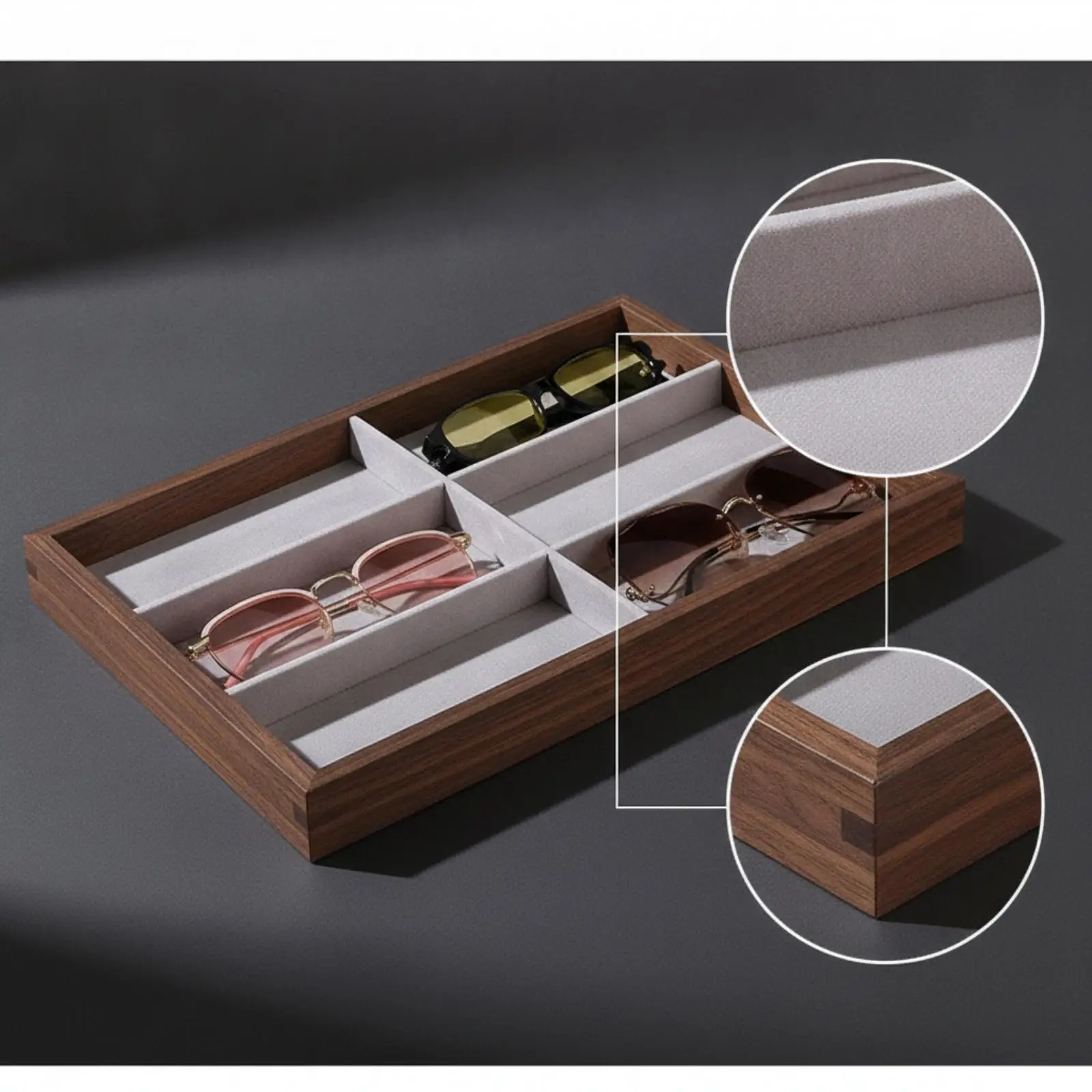 Decorative Glasses Storage Tray with Walnut Woodgrain Frame and Soft Interior for Eyeglass Display Organizer Box for Sunglasses