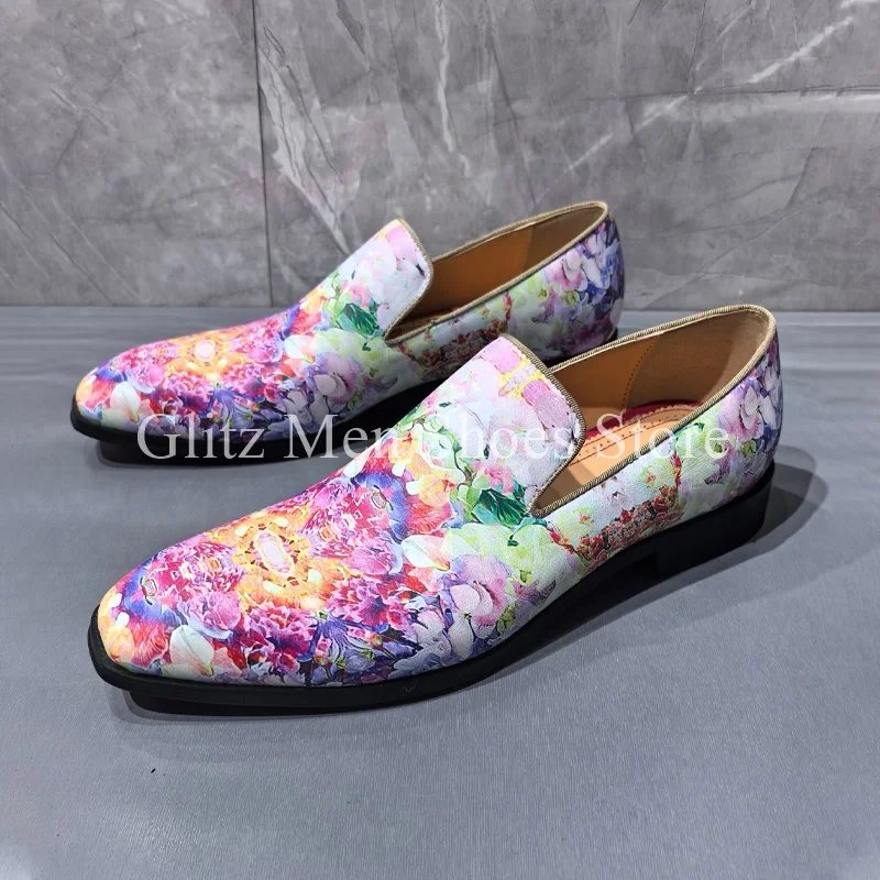 Colorful Printed Loafers Business Men's Shoes 2024 Stylish Small Square Toe Flat Leisure Handmade Banquet Weeding Dress Shoes