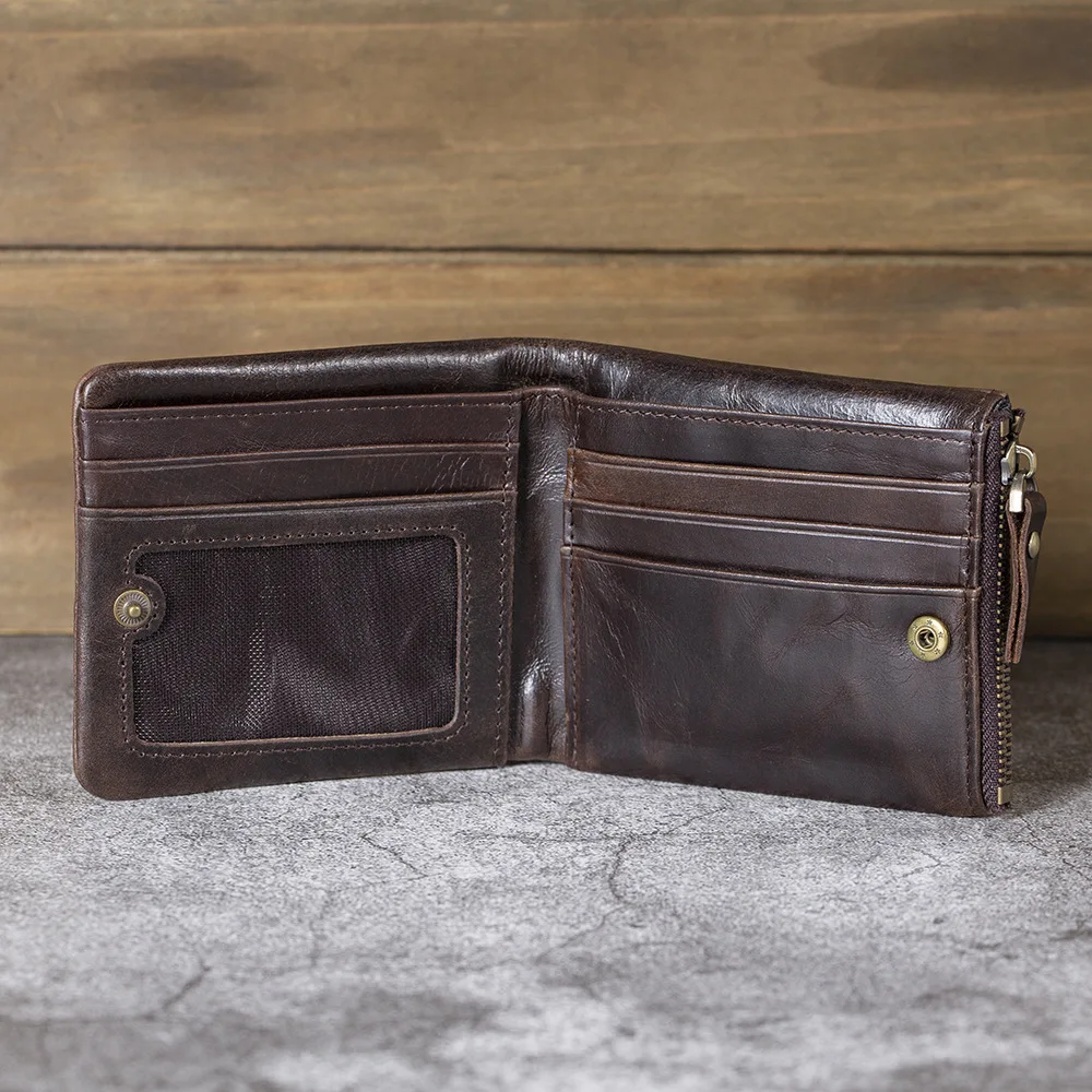 Vintage Short Genuine Leather Men's Wallet with Oil Wax Finish, Silver Buckle and Top Grain Cowhide