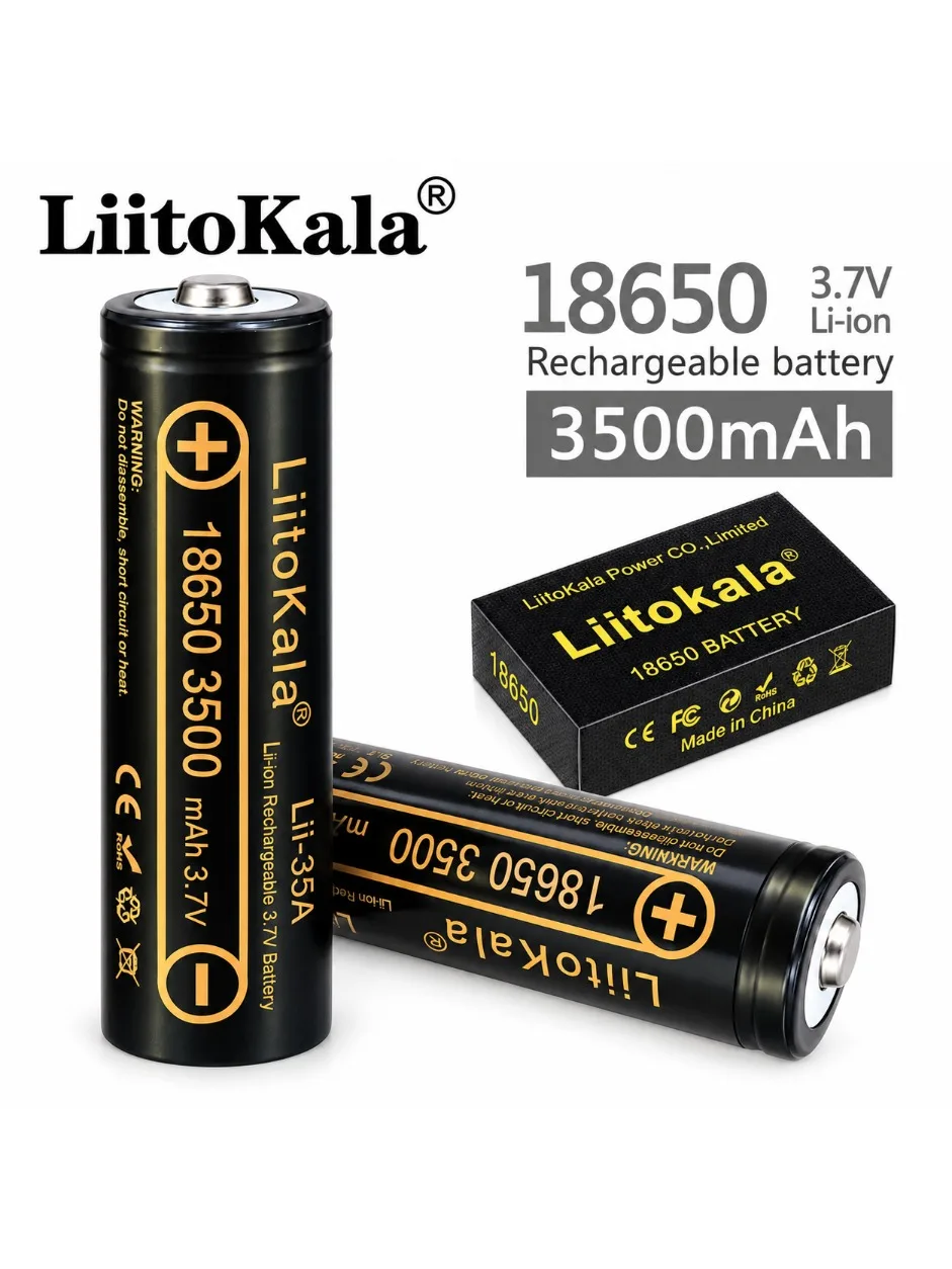 Oryginalne akumulatory LiitoKala Lii-35A 3,7 V, 3500 mAh, 10 A, do wielokrotnego ładowania, przeznaczone do akumulatorów 18650, latarki do dronów, z wypustką. — 2