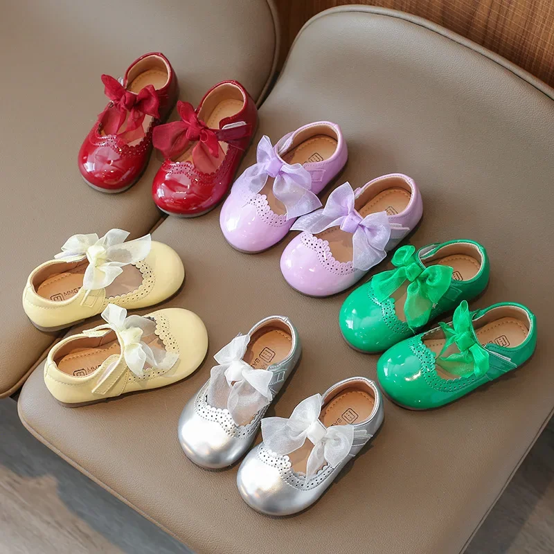 

Children's Candy Color Baby Shoes Soft Bottom 2025 Spring Smooth Leather Children Girl Shoes Princess Party Shoes Bow-tie