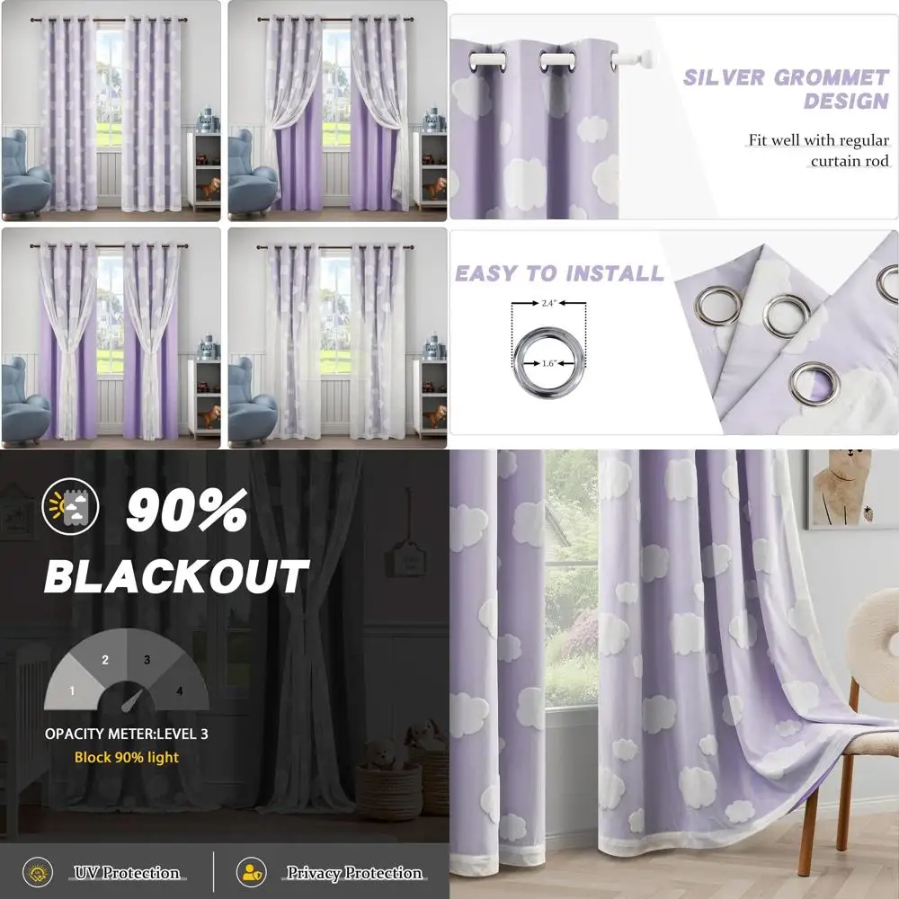

Cloud Pattern Double Layer Nursery Curtains with Sheer, 2 Grommet Panels, 52x84 for Bedroom/Living Room