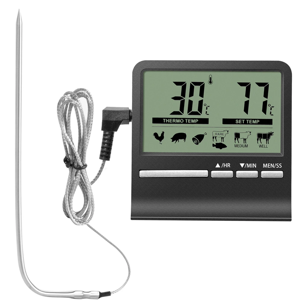 Electronic LCD Digital Food Thermometer Probe Meat Water Oil Cooking Temperature Meter w/ Alarm Timer Kitchen BBQ Cooking Tester