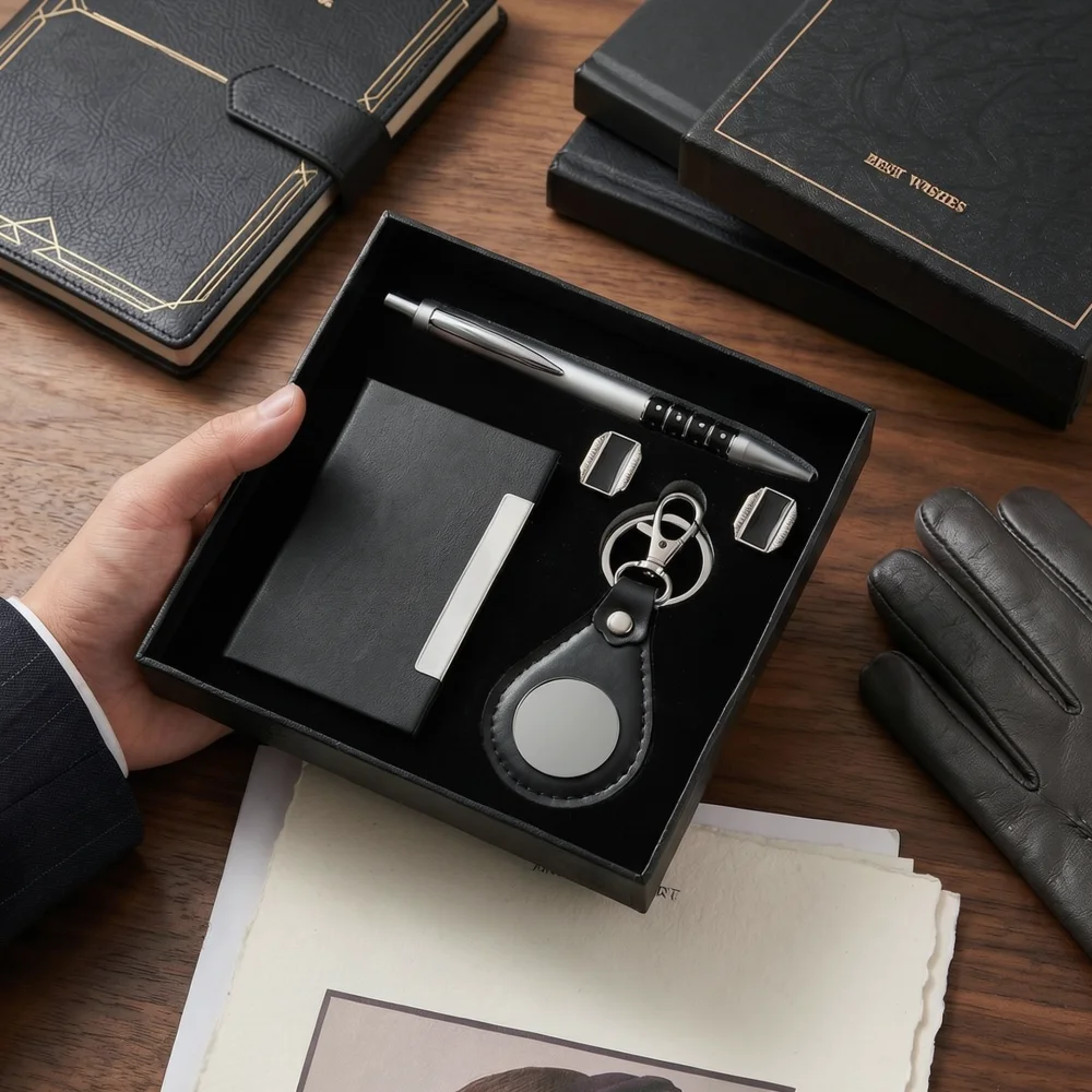 Elegant Office Gift Set Metal Pen Card Case Keychain Cufflink Box Modern Stationery Accessory For Client Employee Birthday Gift