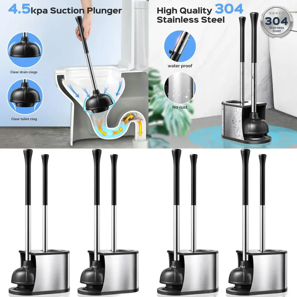 

Dual Stainless Steel Toilet Plunger and Brush Combo - Rust-Resistant, Curved Bristles for Effective Unclogging & Compact Cleanin