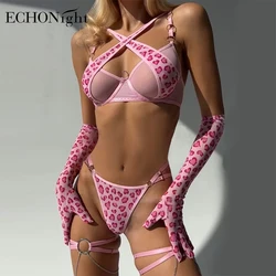 Echonight-Soutien-gorge en dentelle léopard pour filles, lingerie, sous-vêtements, romantique, cœur, gants, bas, croisé, push up