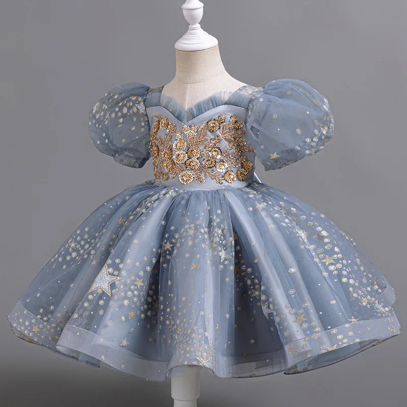 Fashion Girls Sequin Dress Short Sleeve Lace Fashion Flower Girl Dresses for Weddings Summer Girl Evening Gown 3-12 Years