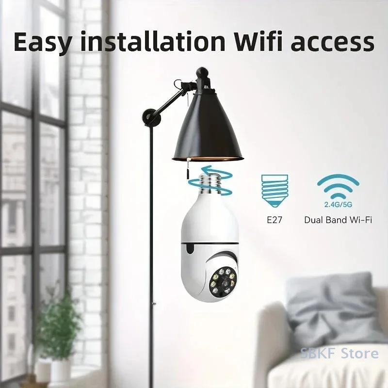 풀 컬러 야간 투시경, 자동 신체 추적, 줌 기능 및 실내 사용을 위한 Wi-Fi 연결 기능을 갖춘 E27 전구 보안 카메라