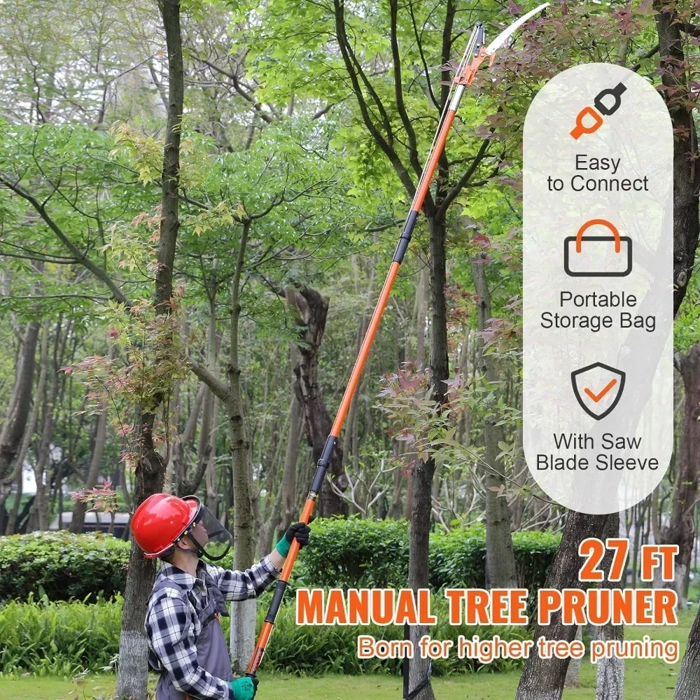 Manual Extendable Fiberglass Pole Saw 7.3-27ft Tree Branch Trimmer with Steel Cutting Blade for Garden And Outdoor Use