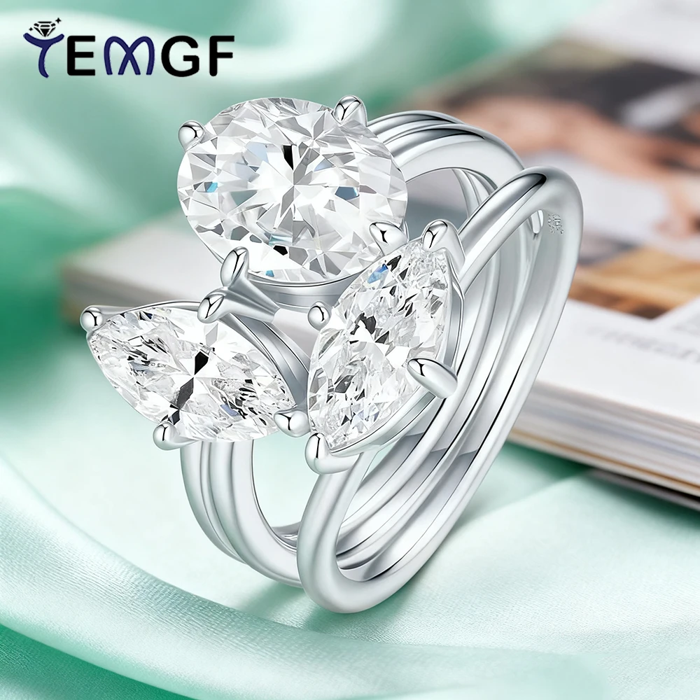 

TEMGF 5CTTW Full Moissanite Rings for Women Men 925 Silver Luxury 3 Stones Wedding Band Gift 18K Plated Fine Jewelry With GRA