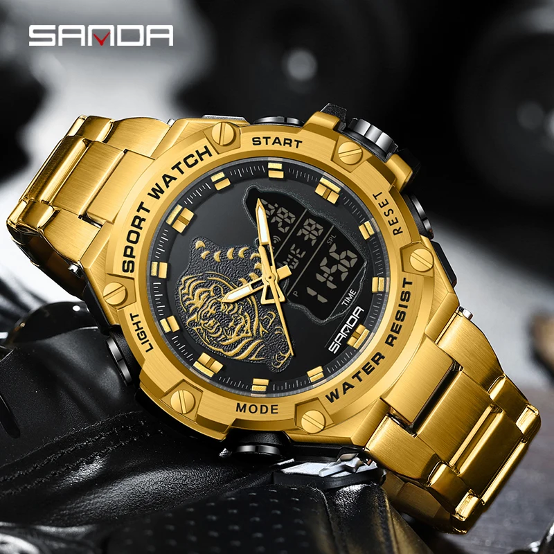 SANDA 3196 Quartz Watches Outdoor Sports 50M Waterproof LED Digital Date Watch G style Mens Dual Display Electronic wristwatches