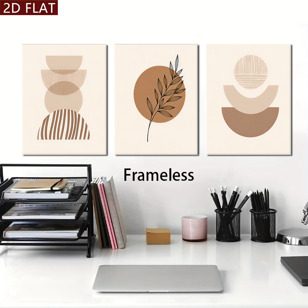 3PCS Frameless(2D flat.)1 set of modern minimalist abstract geometric triptych frameless decorative paintings Morandi color sche