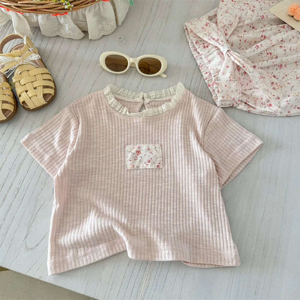 Sweet little Si female treasure French sweet floral pink set summer new children's soft waxy T-shirt bloomers two-piece set
