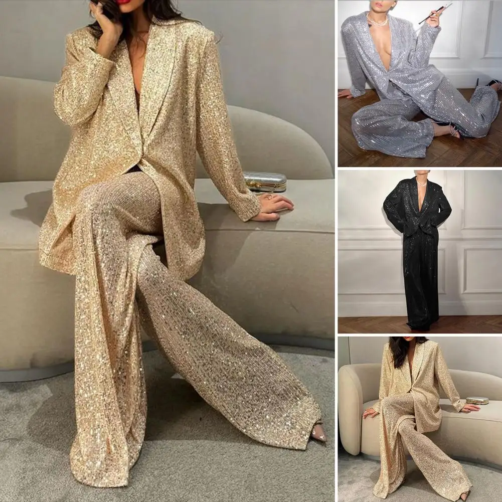 Swquin Trousers Sequin Party Outfit Set with Baggy Shirt Wide Leg Pants Mid Length Coat for Women for Parties Clubs Celebrities