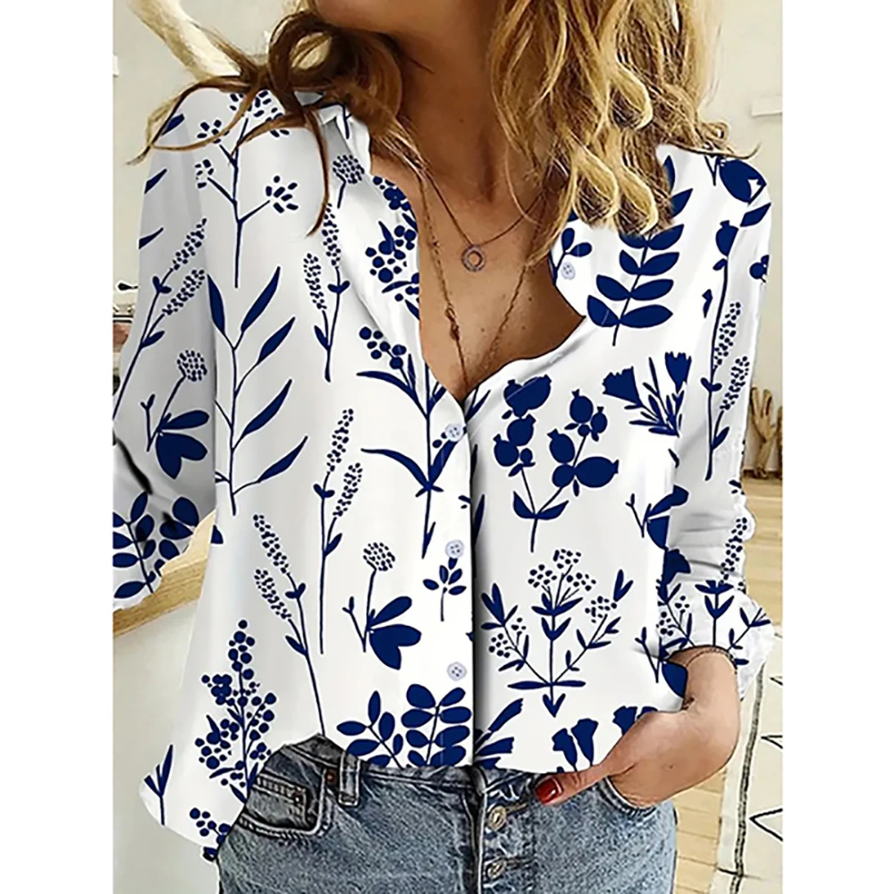 Women\'s Long Sleeve Casual Shirts Turn Down Collar Hemp Fiber Blouse 3d Floral Plant Print Clothes Oversized Female Fashion Tops