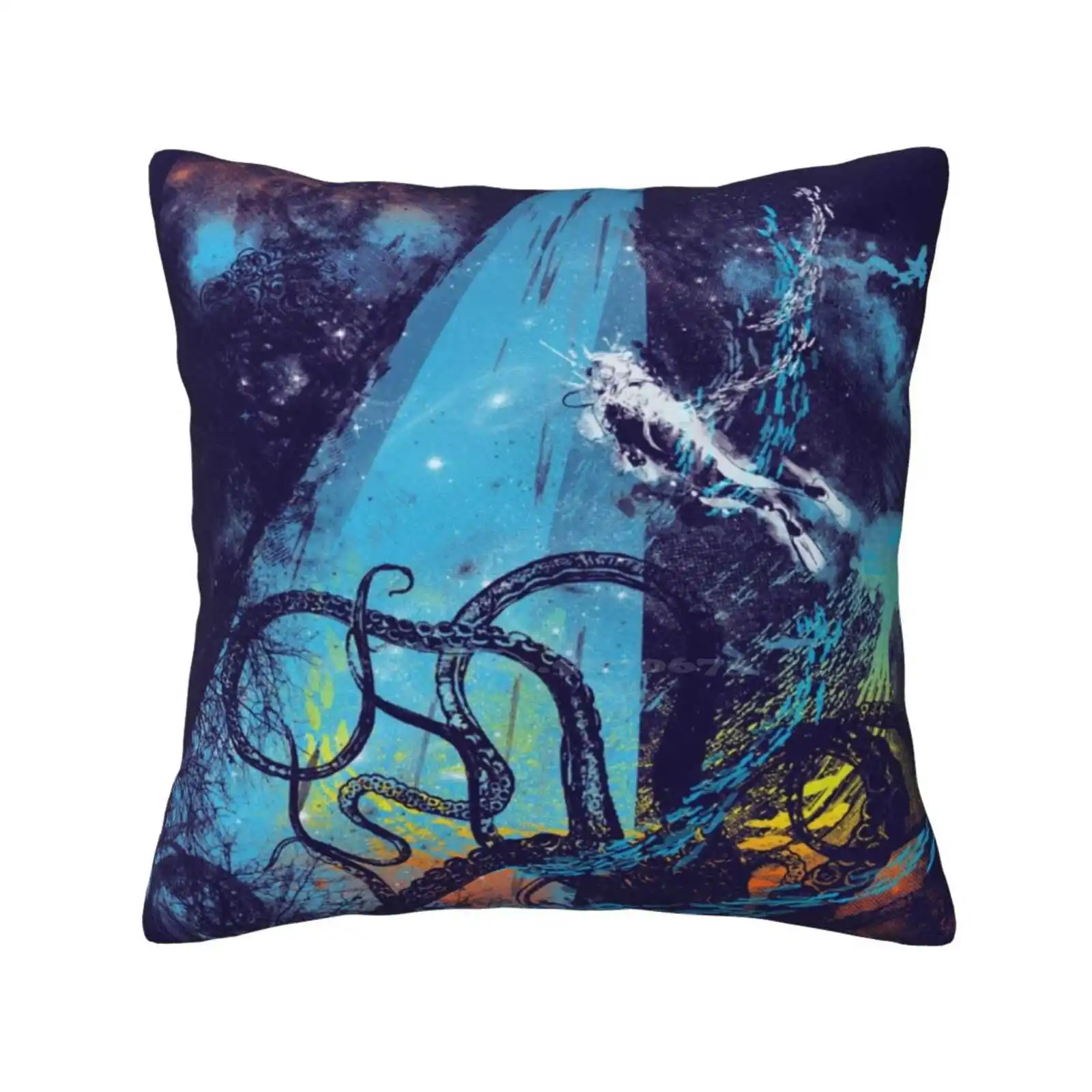 Danger Pillow Cover Hug Pillowcase Blue Octopus Jellyfish Diver Deep Sea Pink Yellow Fishes Nature Bubbles Ocean Terror