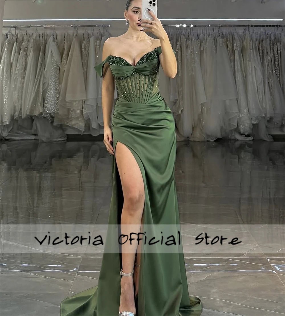 Vestido de noche verde glamuroso con hombros descubiertos, corsé de sirena con cristales divididos altos, vestidos de fiesta de noche árabes, cóctel personalizado