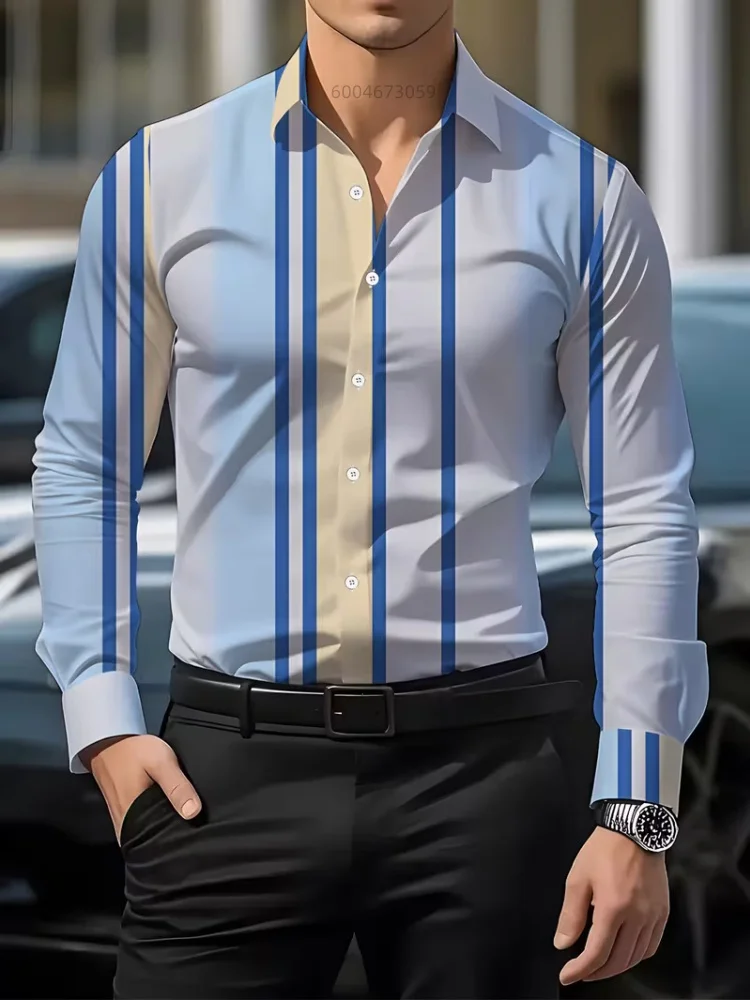 Men's long sleeved shirt with contrasting vertical stripes printed on a lapel top, versatile for daily commuting, casual shirt