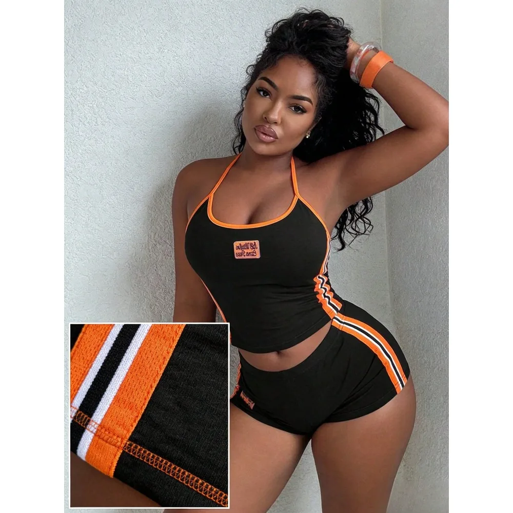 

Women Y2k Summer Sports Color Block Bikercore Letter Embroidery Sleeveless Top Low Waist Shorts Set