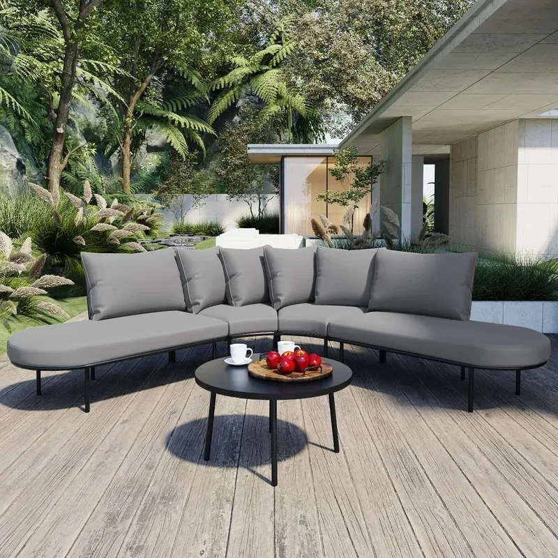 Curved Outdoor Sofa Set with Coffee Table for 6 People, All-Weather Patio Furniture for Garden in Gray