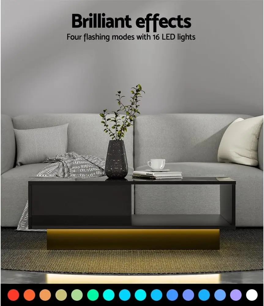 طاولة القهوة LED طاولات الشاي الجانبية أدراج التخزين، أثاث المنزل مكتب غرفة المعيشة، مع درج عرض مستطيل عالي اللمعان #3