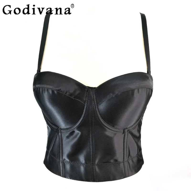 

New Temperament Satin Fishbone Steel Ring Short Bra Sling Vest Spring Summer French Slim Versatile Fashion Short Solid Color Top
