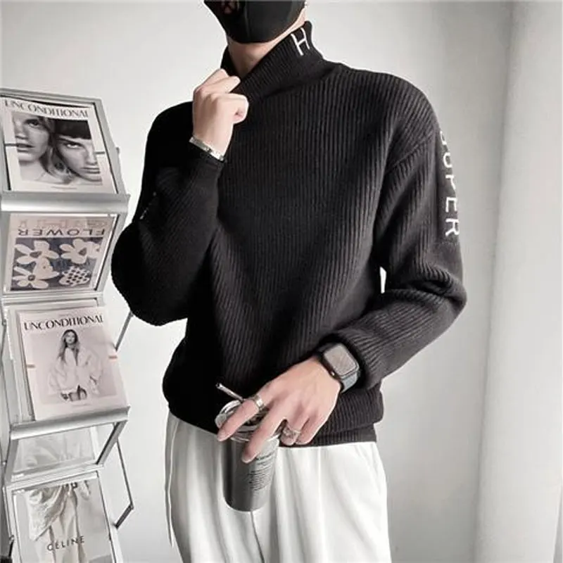 

Basic Casual Turtleneck Sweaters Autumn Winter Stylish Letter Embroidery Men's Clothing Vintage Long Sleeve Knitted Pullovers