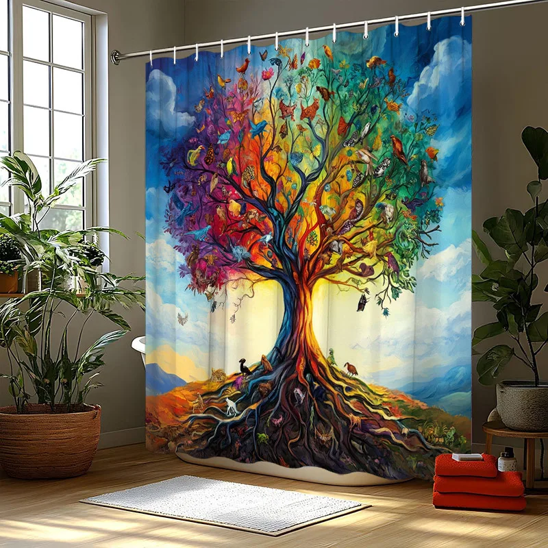 Rainbow Tree of Life Waterproof Shower Curtain for Bathroom Decor, Unique Art Design, Vibrant Colors, Modern Fashion