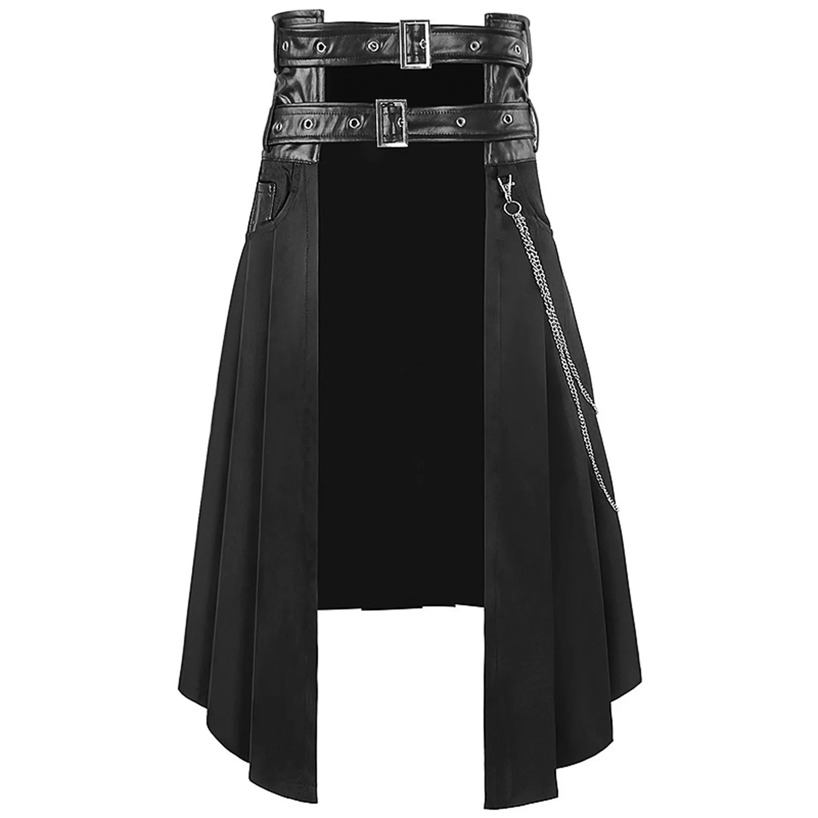 Cosplay Punk Pleated Skirt Men's Gothic Leather Belt Medieval Roman Warrior Kilt Metal Skirt Asymmetry Black Halloween Costume