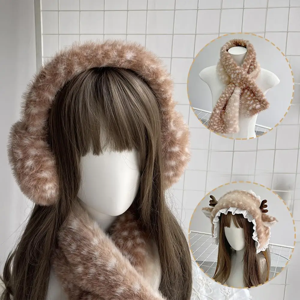 인조 모피 모자 따뜻한 긴 스카프 사슴 귀 머리띠 크리스마스 엘크 플러시 숄 패션 장식 DIY 헤어 액세서리 달콤한 모자 랩