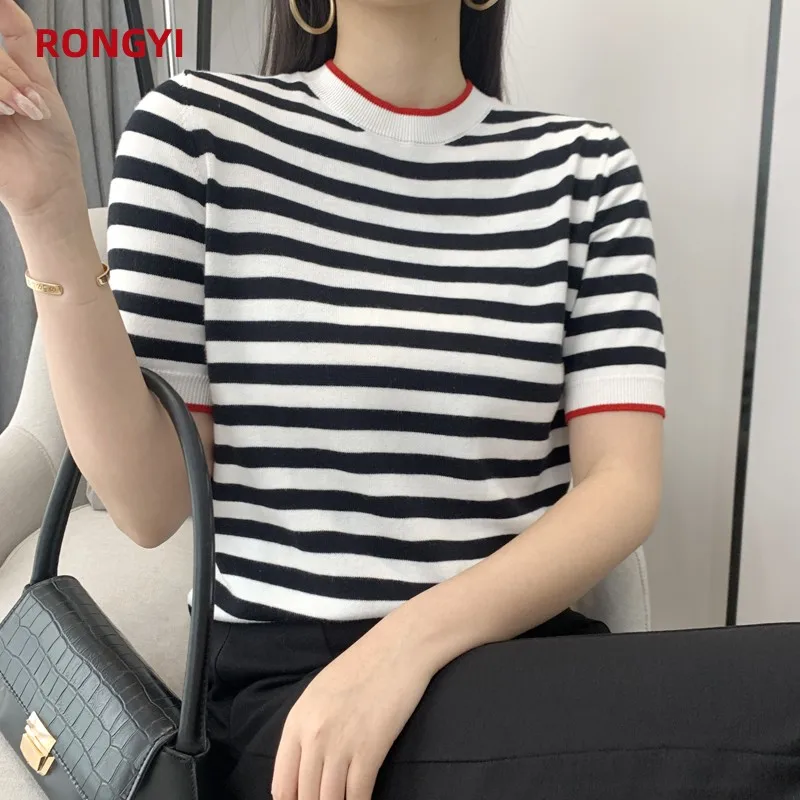 RONGYI Summer Women\'s O-Neck Striped 100% Cotton Short Sleeve T-Shirt With Loose Pullover Casual Knit Top High Quality 5 Sizes