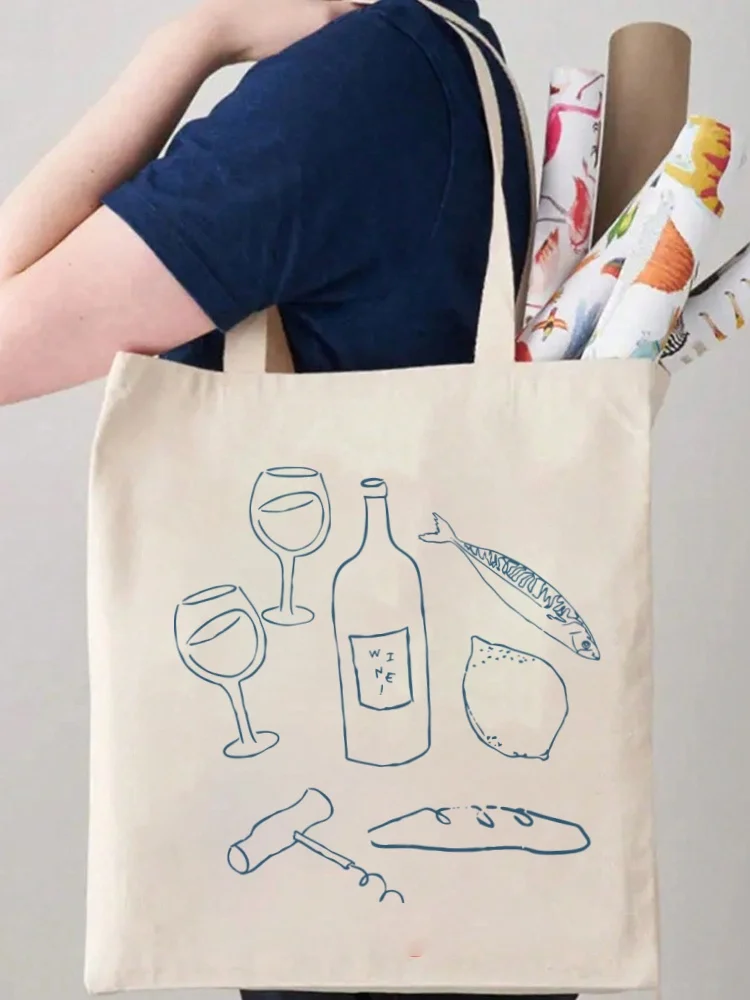 1pc Reusable Women Shopping Bag No Zipper Canvas Bag Vintage Pattern Canvas Tote Bag Beach Bag for Travel, Grocery, Outings
