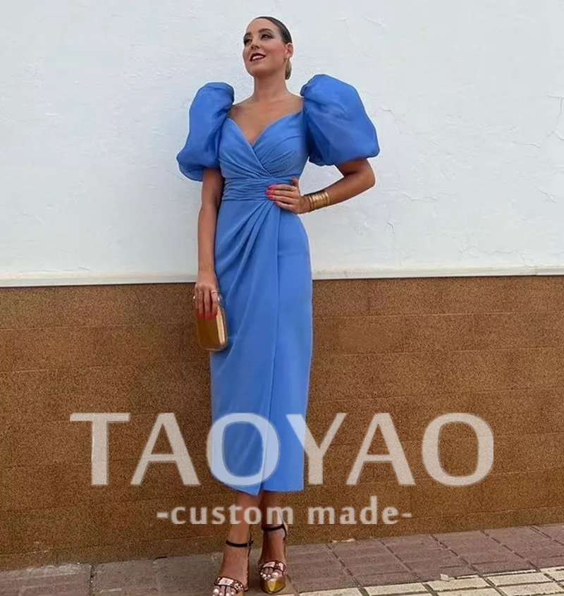 

Customized V-Neck Mermaid Evening Dresses Puffy Sleeves Pleated Side Cut Out Tea Length Formal Party Prom Gowns Robes De Soirée