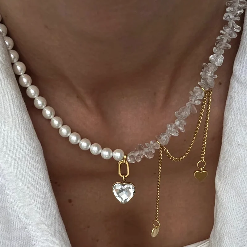 Fashion Crystal Heart Pendant Necklace For Women Boho Imitation Pearl & White Stone Chain Jewelry Valentine's Gift N0528