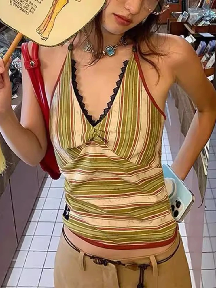 

Vintage Y2K Spicy Girl Deep V Neck Striped Halter Cami Top for Women, 2026 Summer Slim Waisted Sleeveless Crop Top Inner Top