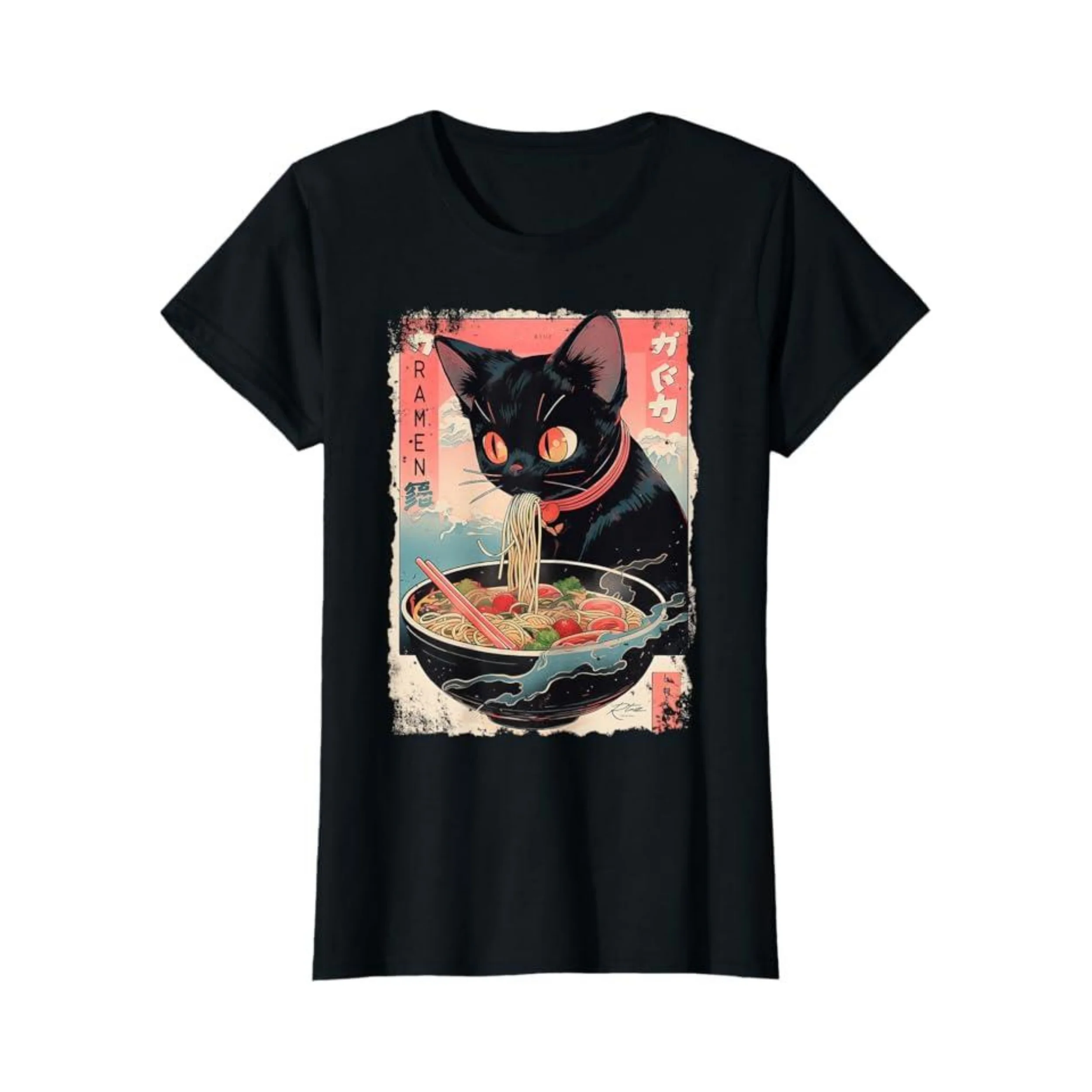 Cat Ramen Noodle Japanese Anime Manga Ramen Kawaii Cat  Women's Crew Neck Fashion High Quality 100% Cotton T-Shirt 01232