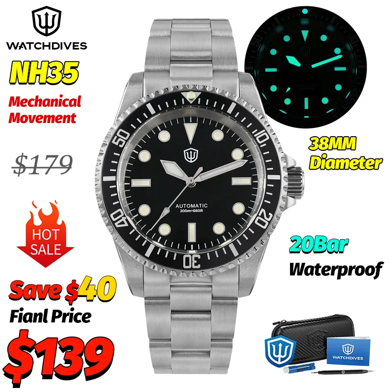 

Watchdives WD5513 V2 Часы для дайвинга 200 м Водонепроницаемые сапфировые светящиеся часы NH35 Уличные часы с автоматическим механизмом и подарочной коробкой