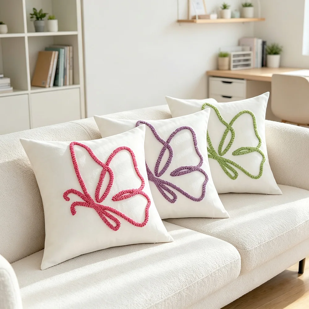 Tufted Butterfly Cushion Cover 45x45cm Boho Canvas Pillow Case Cute Pistachio Green Hot Pink Purple Throw Pillowcase Room Decor