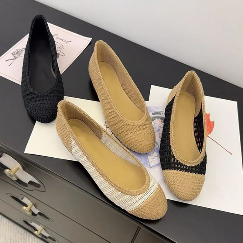 Zapatos de Mujer de Moda, Bailarinas de Malla Tejida Calada, Zapatos de Diseño, Mules de Verano Transpirables, Calzado Individual 784