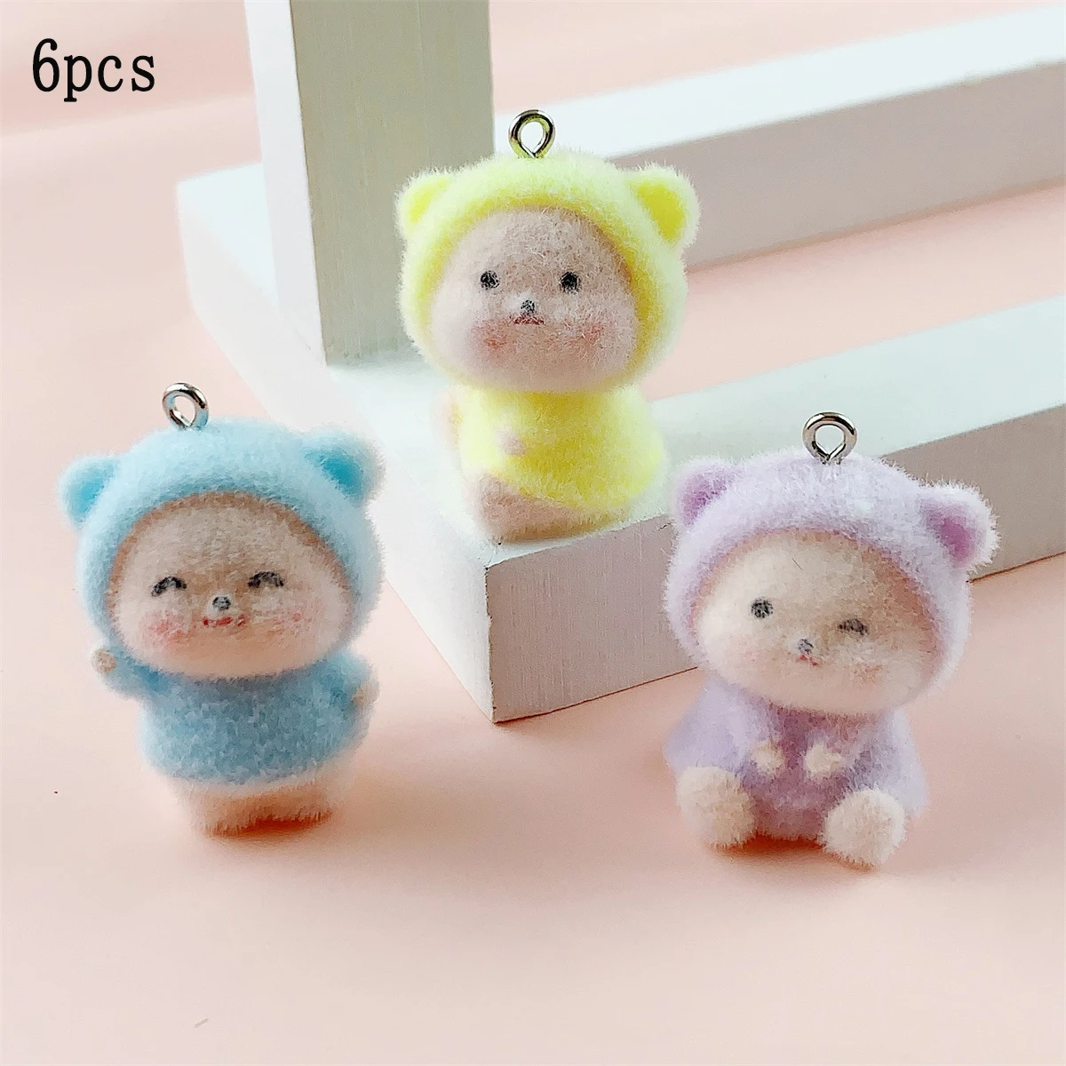 

6pcs 3D Cartoon Plush Animal Charms Cute Mini Flocking little bear Resin Pendant For Earring Keychain DIY Crafts Jewelry Make