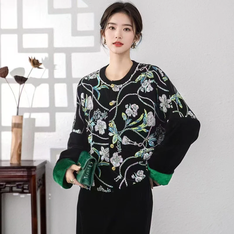 Autumn Retro Designer Style New O-Neck Silk + Velvet Top Fashionable Bead + Embroidery Contrasting Color Cuff Jacket Women S-XL