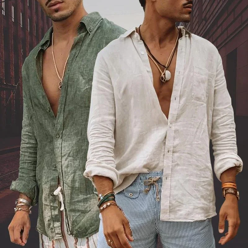 

2024 Mens Loose Cotton Linen Shirt Long Sleeve Beach Casual Breathable Vacation Solid Shirt Chemise Homme