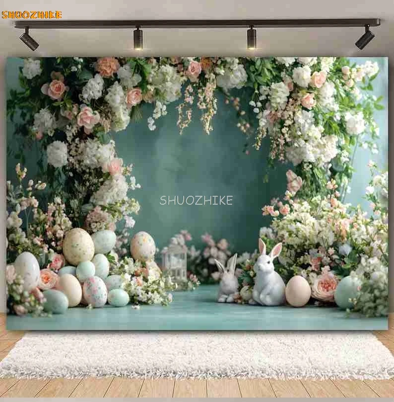 ฤดูใบไม้ผลิ Happy Easter การถ่ายภาพฉากหลัง Arch ดอกไม้กระต่ายไข่กระต่ายสวนดอกไม้เด็ก Portrait ตกแต่งพื้นหลัง Photo Studio