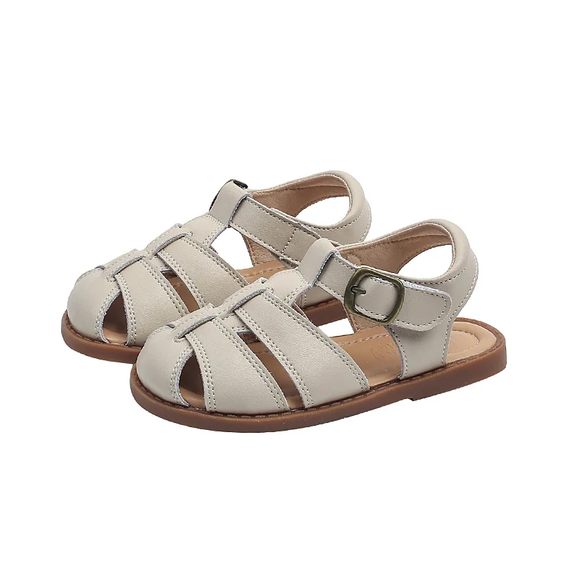Genuine Leather Toe-cap Children's Sandals 2026 Summer New Style Magic Tape Woven Vintage Princess Beach Sandals